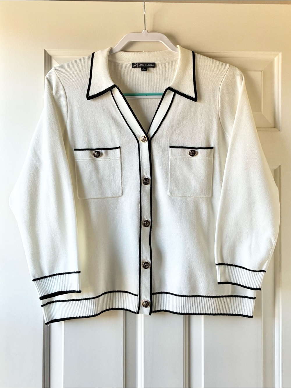 Adrianna Papell Button Up Cardigan Sweater Collared Long  Sleeve White Size L